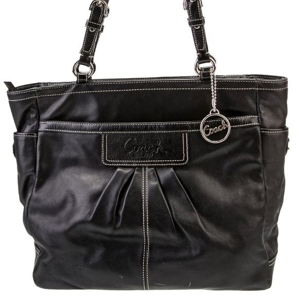 Coach Black Leather Tote with Silver Accents - Picture 1 of 7